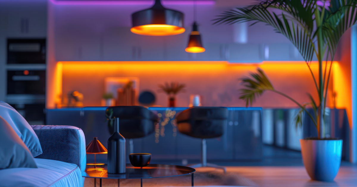 Modern living room and kitchen with ambient smart LED lighting, featuring warm orange under-cabinet lights, purple accent lighting, pendant fixtures, a cozy sofa, and indoor plants in a contemporary open-concept space.