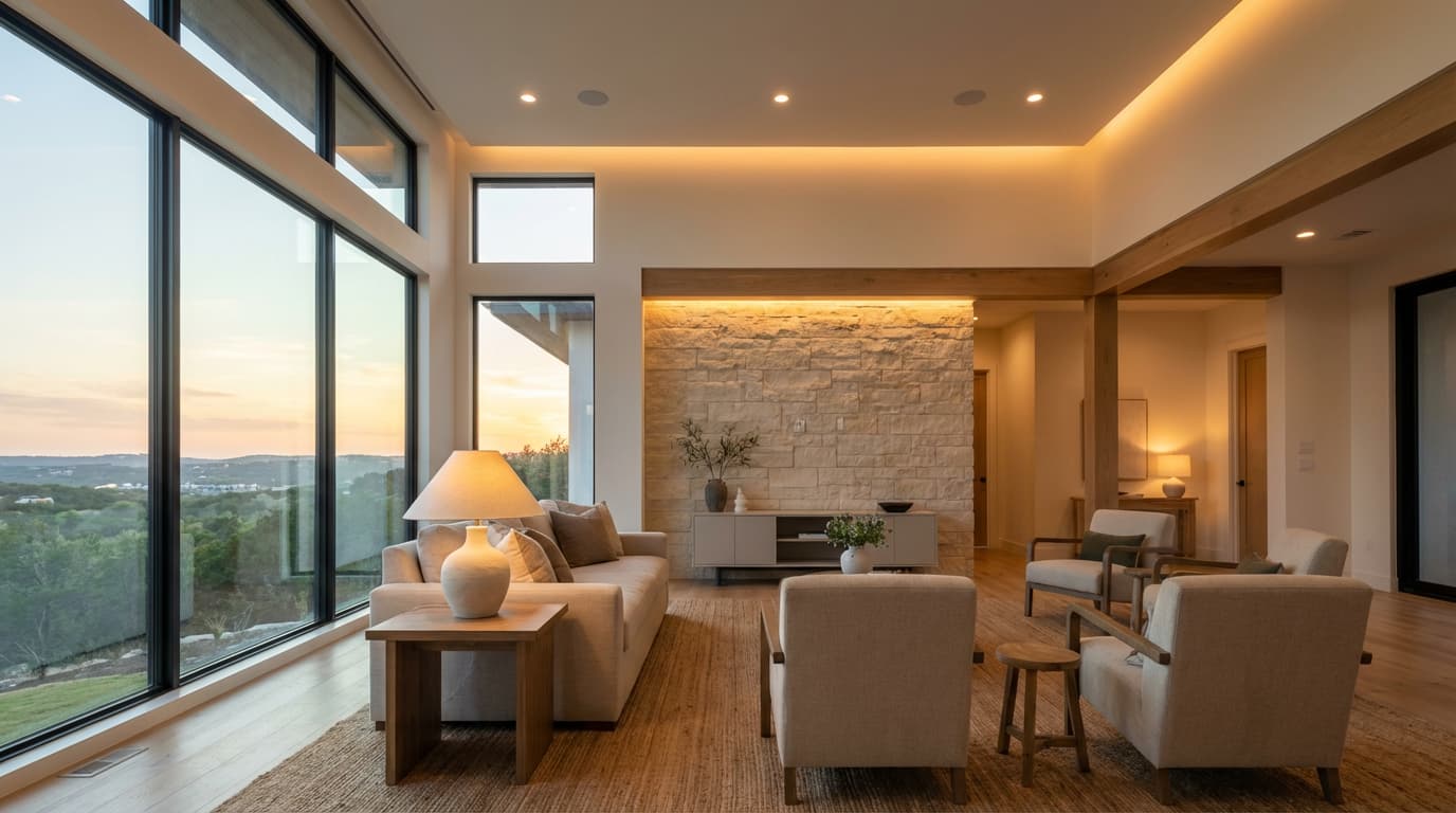 Circadian lighting design in a modern Austin home with layered warm evening lighting