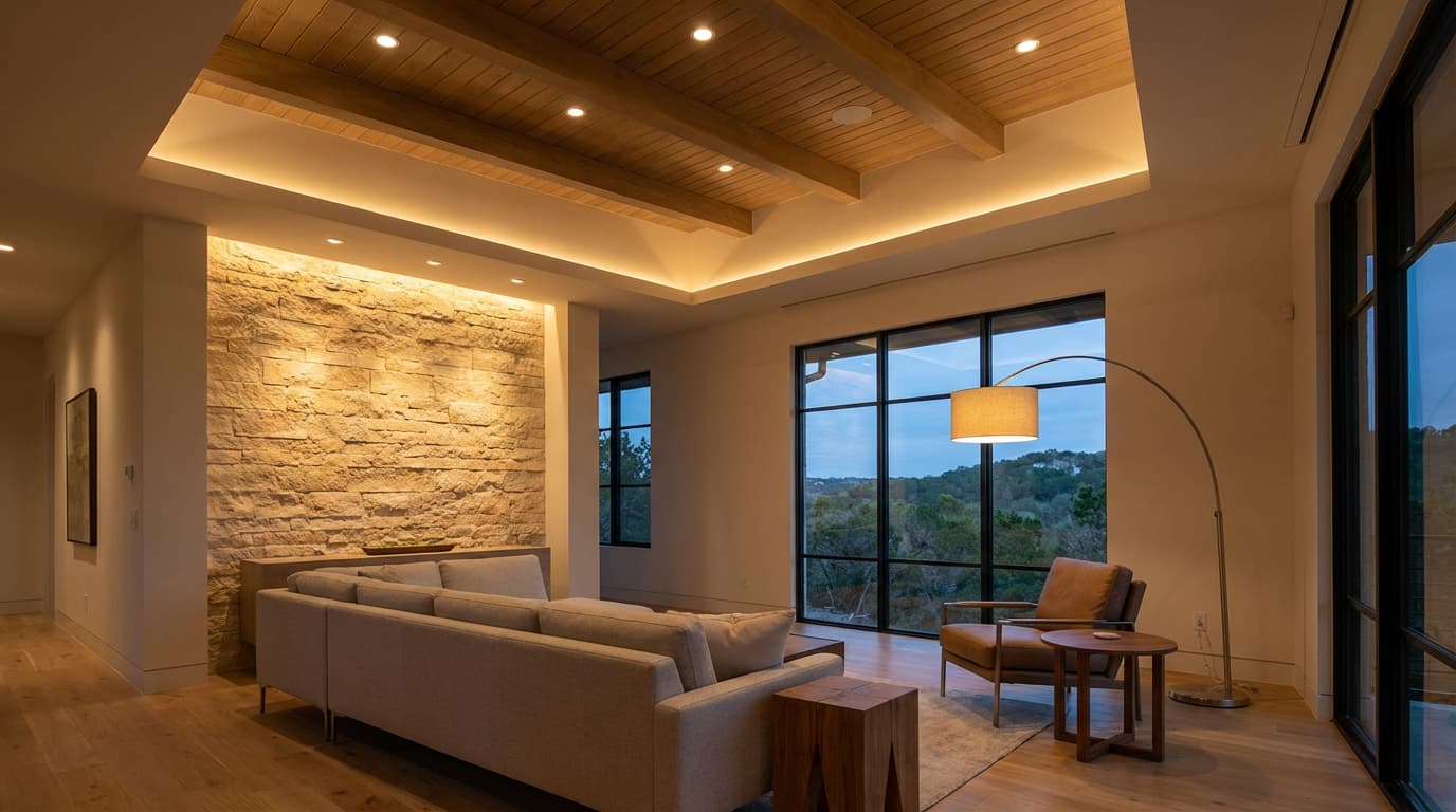 Layered lighting design in a modern Austin living room with ambient, task, and accent lighting