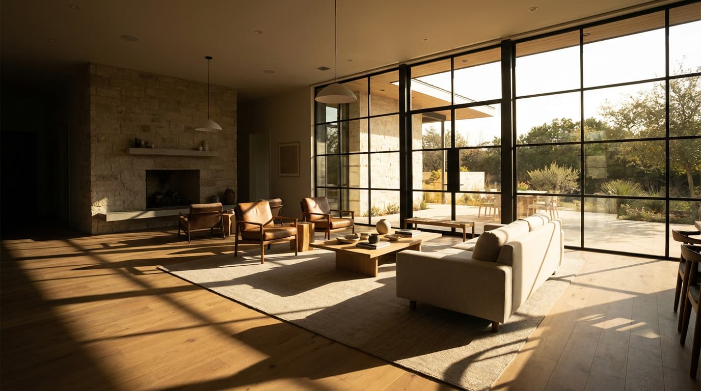 Modern Austin home with large windows and strong natural afternoon sunlight