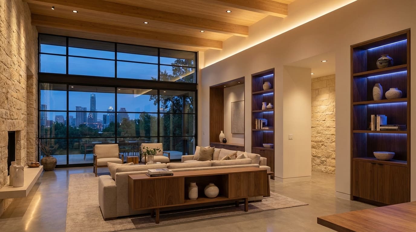 Smart lighting scene in a modern Austin home with warm ambient light and subtle RGB accent lighting