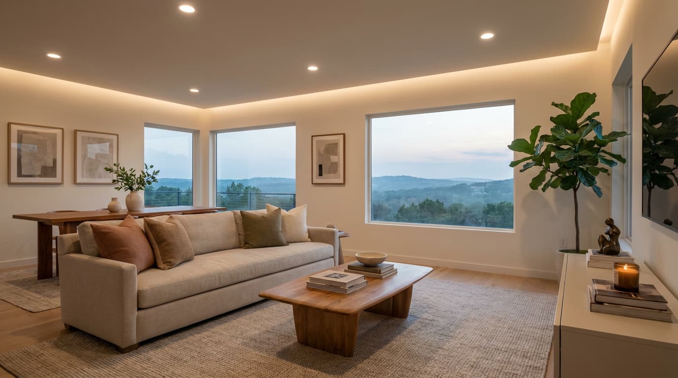 Modern Austin living room with layered ambient lighting including recessed ceiling lights and cove lighting at dusk.